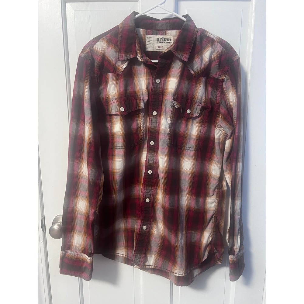 Urban Pipeline Plaid Western Shirt Mens Large Burgundy L/S - Picture 2 of 6